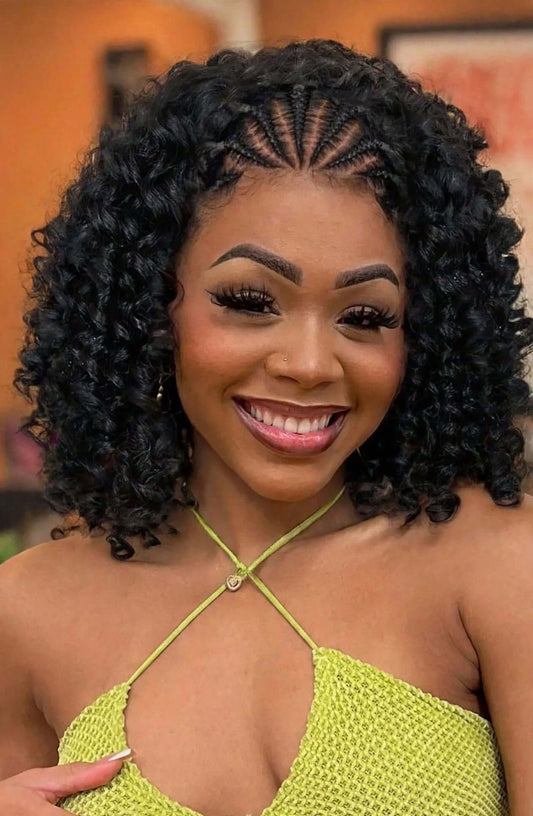 Layla curly glueless bob wig 14 inch on model - natural everyday look